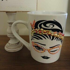 Handmade Rhinestone Glam Coffee/Tea Mug – Stylish Afro Blinged Girl/W Glasses